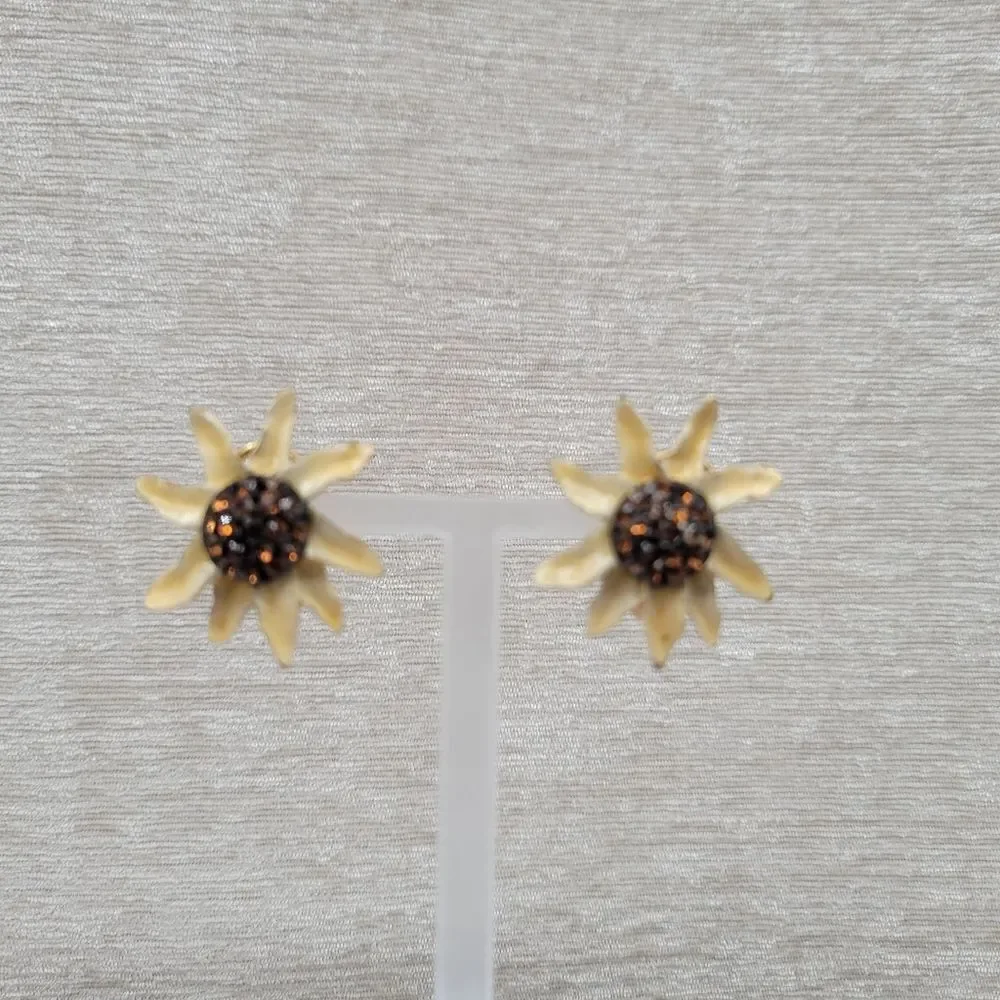 BSK Vintage Sunflower Clip On Earrings Cream Enamel Gold Toned Brown Rhinestones